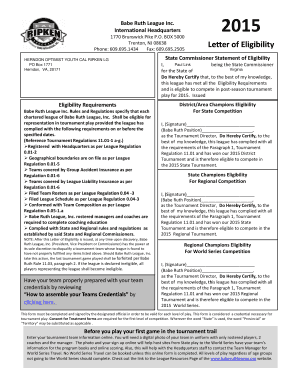 Babe Ruth League Eligibility Certificate