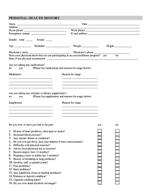 Personal Health History Form