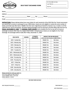 2010 Pilot Pen Tennis Ticket Exchange Form
