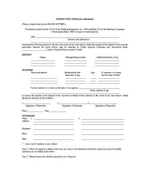 Nomination Form for Bank Deposits