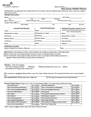 Day Camp Health History Form