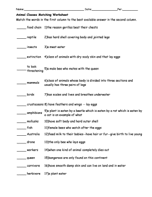Animal Classes Matching Worksheet