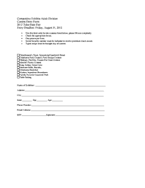 2012 Tulsa State Fair Adult Division Contest Entry Form