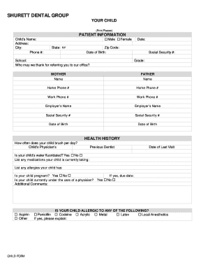 Child Dental Health History Form