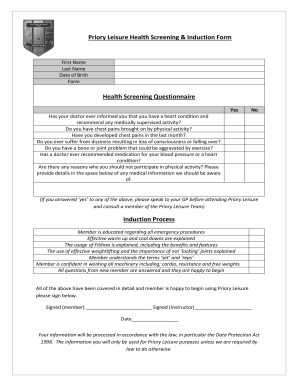 Priory Leisure Health Screening Form
