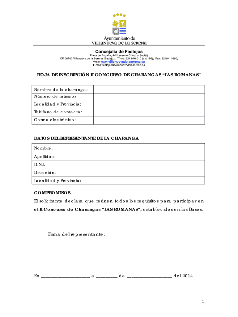 HOJA DE INSCRIPCIN II CONCURSO DE CHARANGAS LAS ROMANAS Vista previa en la página 1