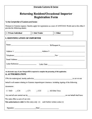 Grenada Customs Returning Resident Registration Form