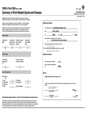 OSHA Form 300A Summary of Work-Related Injuries and Illnesses