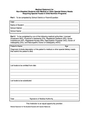 Medical Statement for Non-Disabled Students with Special Dietary Needs