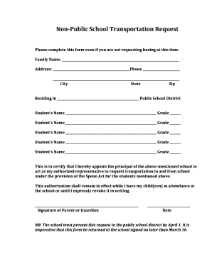 Non-Public School Transportation Request