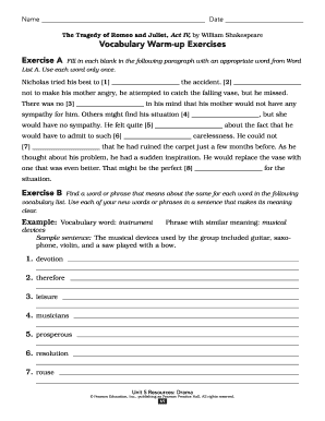 Romeo and Juliet Vocabulary Worksheet