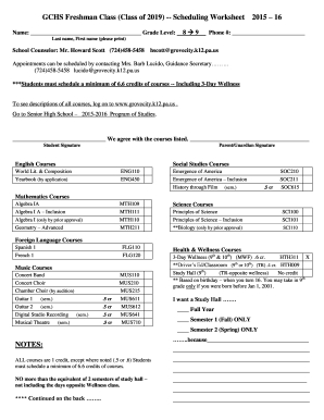 GCHS Freshman Class (Class of 2019) Scheduling Worksheet 2015 16 - grovecity k12 pa