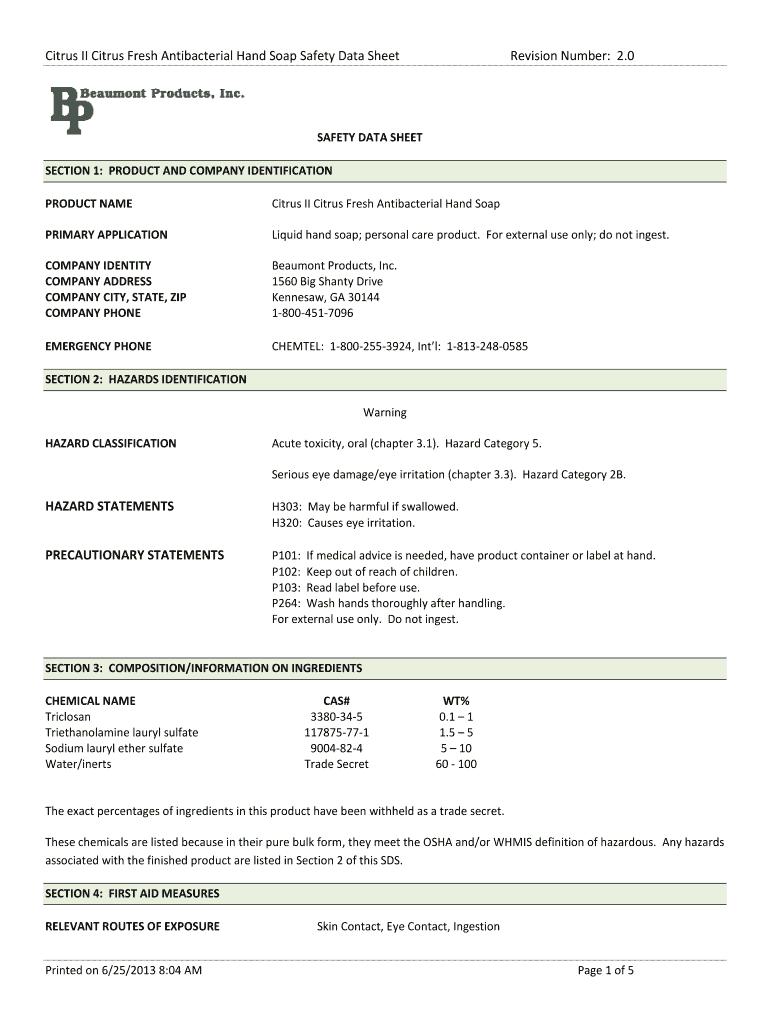 Fillable Online Citrus II Citrus Fresh Antibacterial Hand Soap Safety