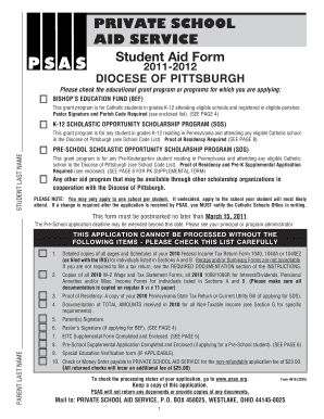 Private School Aid Service Student Aid Form