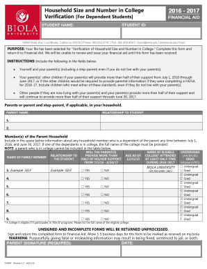 Household Size and Number in College Verification Form