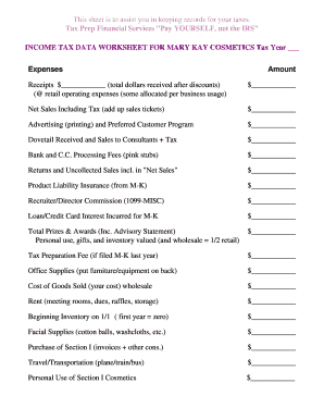 Mary Kay Cosmetics Income Tax Data Worksheet