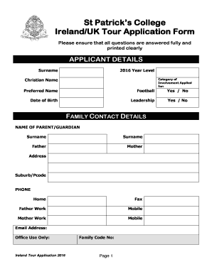 St Patricks College IrelandUK Tour Application Form - stpats l6 ascet