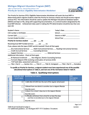 Michigan MEP Priority for Services Eligibility Worksheet