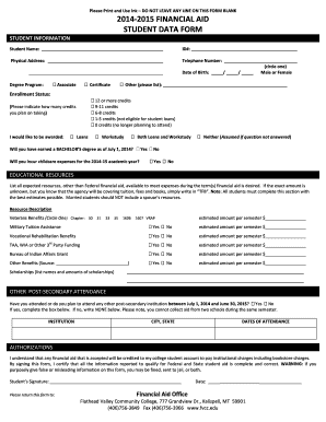 2014-2015 Financial Aid Student Data Form