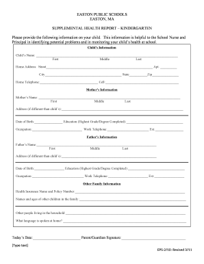 Supplemental Health Report – Kindergarten