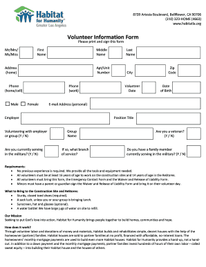 Habitat for Humanity Volunteer Information Form