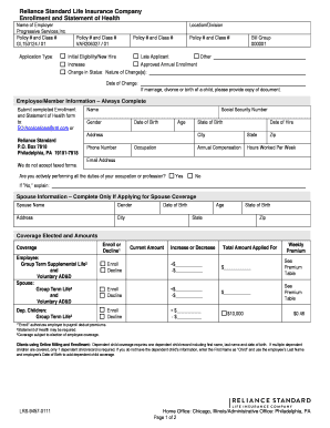 Reliance Standard Life Insurance Enrollment Form