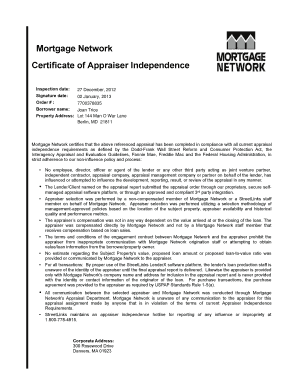 Example of promissory note for exam - Mortgage Network Certificate of Appraiser Independence - aei