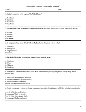 4th Grade Social Studies Geography Quiz