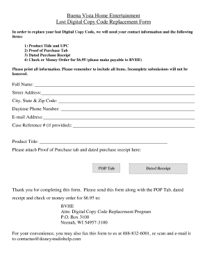 Lost Digital Copy Code Replacement Form