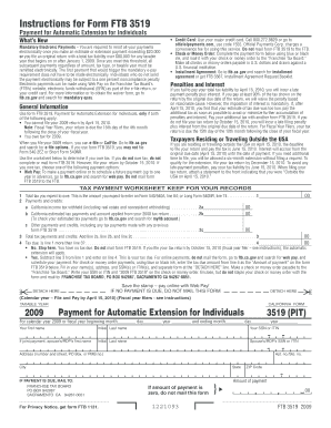 California Form FTB 3519 Payment for Automatic Extension for Individuals
