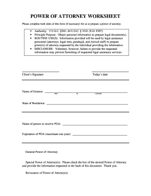Power of Attorney Worksheet