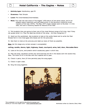 Hotel California Vocabulary Worksheet