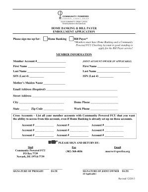 Home Banking Bill Payer Enrollment Application
