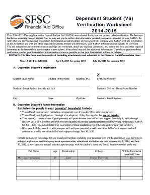 2014-2015 Dependent Student Verification Worksheet