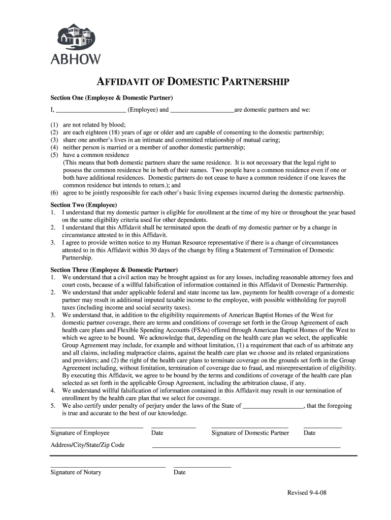 Fillable Online Domestic Partner Affidavit Rev 9-4-08doc Fax Email ...