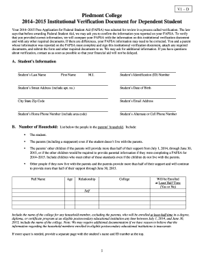 2014–2015 Institutional Verification Document for Dependent Student