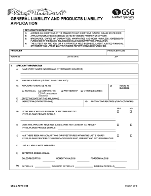 General and Products Liability Insurance Application