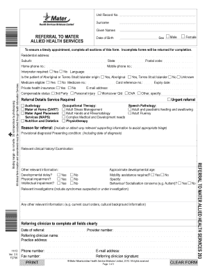 Referral to Mater Allied Health Services Form