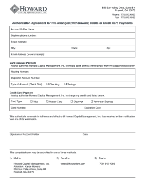 Authorization Agreement for Pre-Arranged Debits or Credit Card Payments