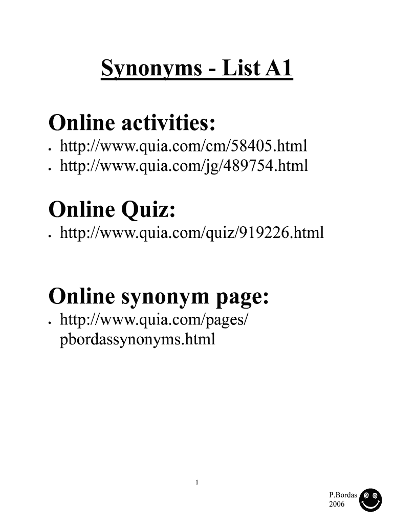 Fillable Online Synonyms List A1 Worksheets Greenwich NY Fax
