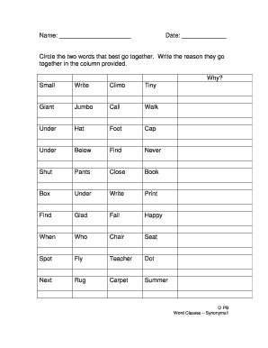 Synonym Matching Worksheet