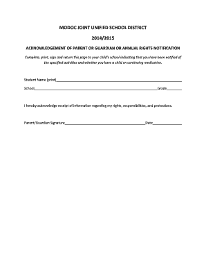 Acknowledgement of Parent or Guardian Annual Rights Notification