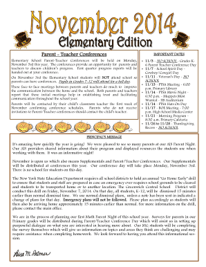 Parent Teacher Conferences Elementary School ParentTeacher Conferences will be held on Monday, November 3rd this year