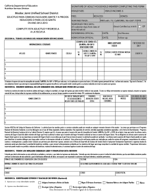 Solicitud para comidas escolares gratis y a precios reducidos