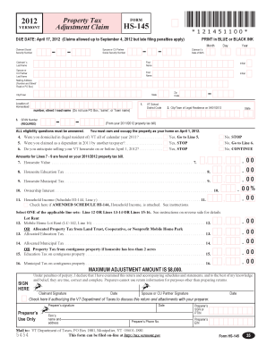 Vermont Property Tax Adjustment Claim Form HS-145