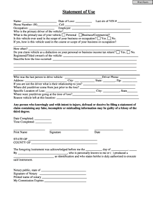 Vehicle Loss Statement of Use