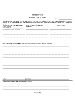 Notice of Loss for Automobile Insurance