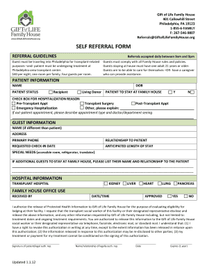 Gift of Life Family House Self Referral Form