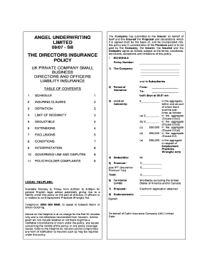 UK Directors and Officers Liability Insurance Proposal