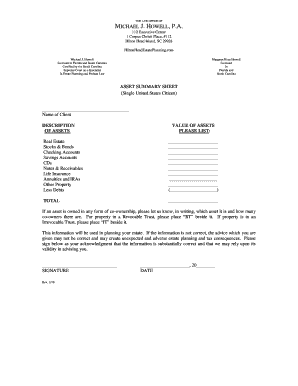 Asset Summary Sheet for Estate Planning